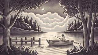 An angler casts a line from a boat while a bobber floats on the water.