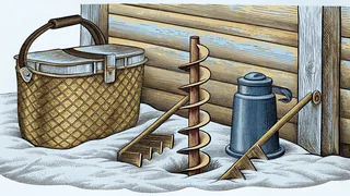 Ice-fishing tools including an auger and bucket sit near a remote fishing shelter.