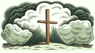 A wooden cross stands stark against a darkened sky on Calvary's terrain.