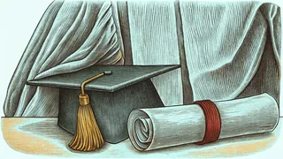 A rolled diploma tied with ribbon rests beside a cap, tassel, and gown.