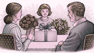A family celebration with gifts and flowers, expressing thanksgiving together.