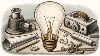 An inventor's workshop with tools, engines, and experimental devices.
