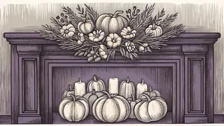 Autumn decorations arranged by a fireplace hearth.