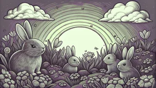 Adorable baby animals frolic among blooming spring flowers under a bright cheerful rainbow.