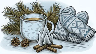 A steaming mug and knitted mittens set by pine sprigs near a fire.