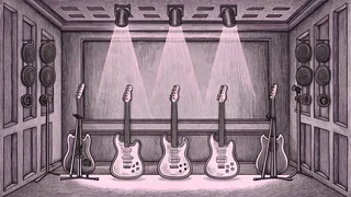 Electric guitars of various styles rest on stands in a recording studio.