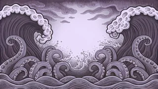 A sea monster and mermaid inhabit the depths of a mythical underwater realm.