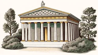 Classical marble statues inside an ancient Greek temple.