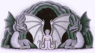 Mythological monsters gathered in a shadowy cave.
