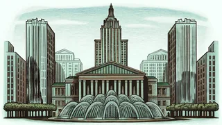 Famous landmarks illuminated in green: Chicago River, glowing buildings, and green-lit fountains.