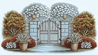An ornate iron gate framing a verdant garden landscape.
