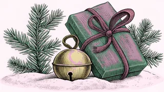 A wrapped gift box and a sleigh bell sitting on a snowy ledge, framed by sprigs of pine.