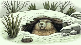 Groundhog emerging from snowy burrow casting a long shadow in daylight