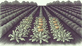 Garden bed with planted ridges, staked plants, seedbeds, and ripe vegetables.