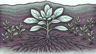 A blooming plant with green leaves and exposed roots in moist earth with water glistening.