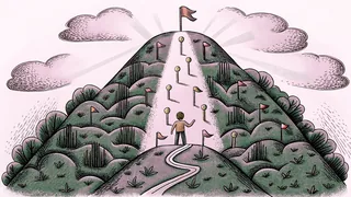 Student ascending a mountain path marked with flags and achievement milestones.