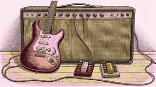 An electric guitar sits before a vintage amplifier with effect pedals.