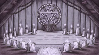A spiritual altar awaits with candles, drums, and offerings of devotion.
