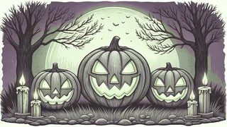 Carved jack-o-lanterns and glowing candles illuminating a Halloween gathering with costumed figures nearby.