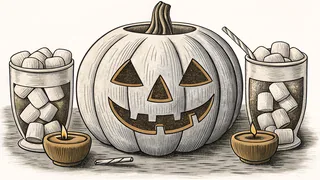 A glowing carved pumpkin sits beside toasted marshmallows and festive drinks.