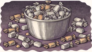 Overflowing with caramel and toffee candies, a Halloween bucket brims with treats