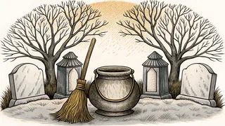 A witch's cauldron and broomstick rest among tombstones in a misty graveyard.