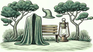 A witch's hat and velvet cape folded on a bench beside a lantern.