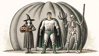 Halloween costume characters standing together in festive dress.
