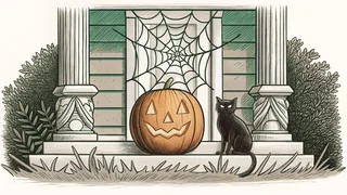 A carved pumpkin lantern and black cat among cobwebs on a porch.