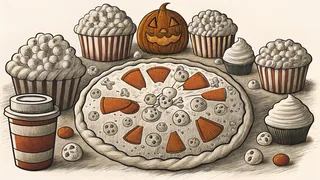 Festive Halloween party foods including pizza, cupcakes, and chocolate treats.