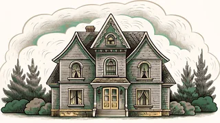 An old mansion during a thunderstorm with wind and shadowy sounds.
