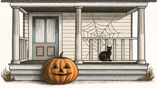 Traditional Halloween symbols arranged together on a festive porch display.