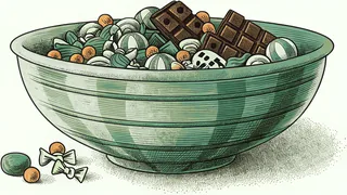 A festive bowl overflowing with wrapped Halloween chocolates and colorful candy varieties.