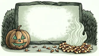 A glowing carved pumpkin illuminated by an orange bonfire with Halloween candy displayed.