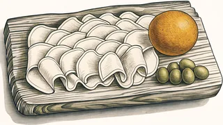 Sliced cured meats display on a wooden serving board.