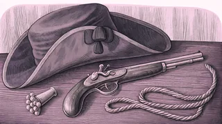 A flintlock pistol and a tricorn hat on a bare wooden table, with a coiled rope and a powder flask beside them.