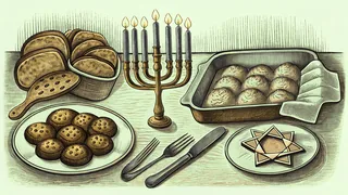 Traditional Hanukkah foods including fried potato latkes, braided bread, and pastries on a table.