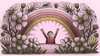 A joyful person celebrating under a rainbow with brilliant sunlight and colorful flowers.