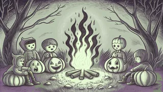 Costumed figures gathered around a blazing fire with glowing jack-o'-lanterns nearby.
