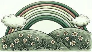 A rainbow stretches across a field of colorful spring blooms.