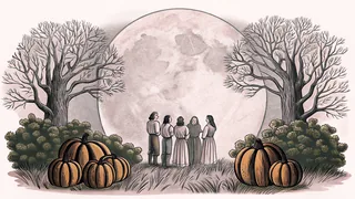 Pilgrims and Native Americans seated together at a harvest table during their shared feast.