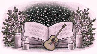 A musician serenades by moonlight among glowing candles and red roses.