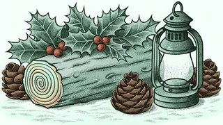 A cut yule log topped with holly and red berries lies in the snow beside an old lantern and three pinecones.