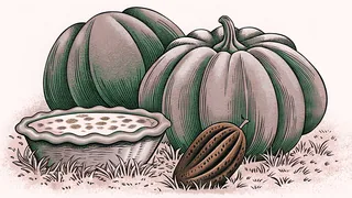 Two large ribbed acorn squashes sit in short grass behind a pecan pie in its dish and a small brown gourd.