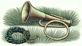 A brass bugle lies in tall grass beside a braided wreath of leaves tied with a tasseled cord.