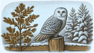 A white snowy owl perches on a wooden fence post between a young pine tree and a stand of snow-covered firs.