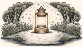 A lantern glowing on a wooded path at night, near a river crossing beneath a starry sky.