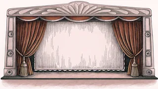 A paintbrush rests beside an easel under an unmarked marquee on a stage floor.