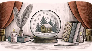 A decorative snow globe and artistic feathered brushes displayed on a wooden craft workbench.