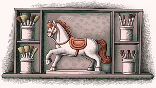 A painted carousel horse positioned near artist supplies on a gallery shelf with museum lighting.